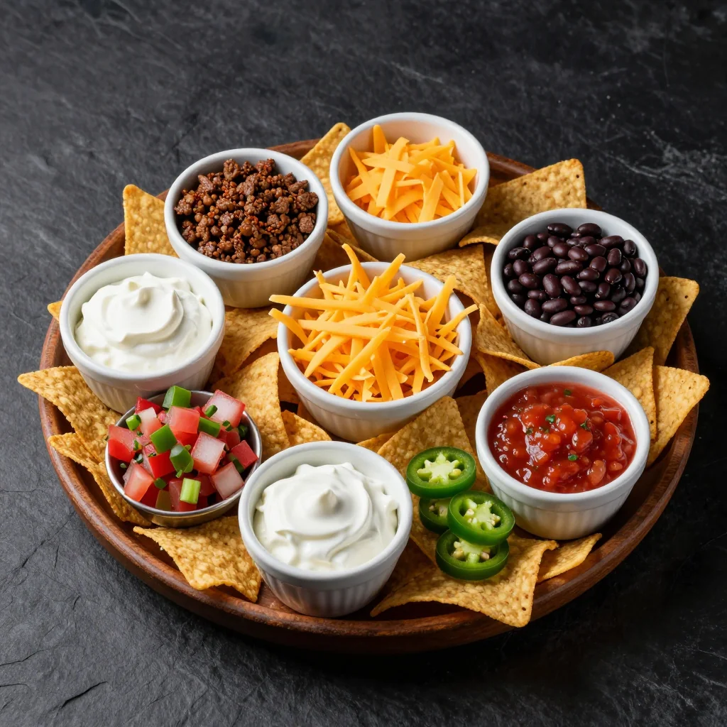 Colorful spread of tortilla chips, shredded cheese, beans, peppers, and dips arranged on a wooden board