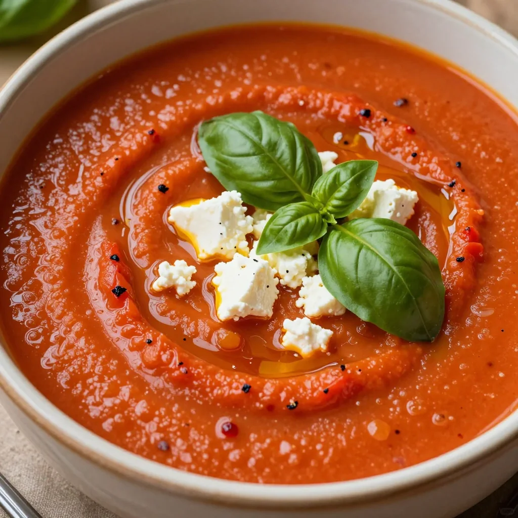 Creamy Roasted Red Pepper And Tomato Soup With Basil And Feta