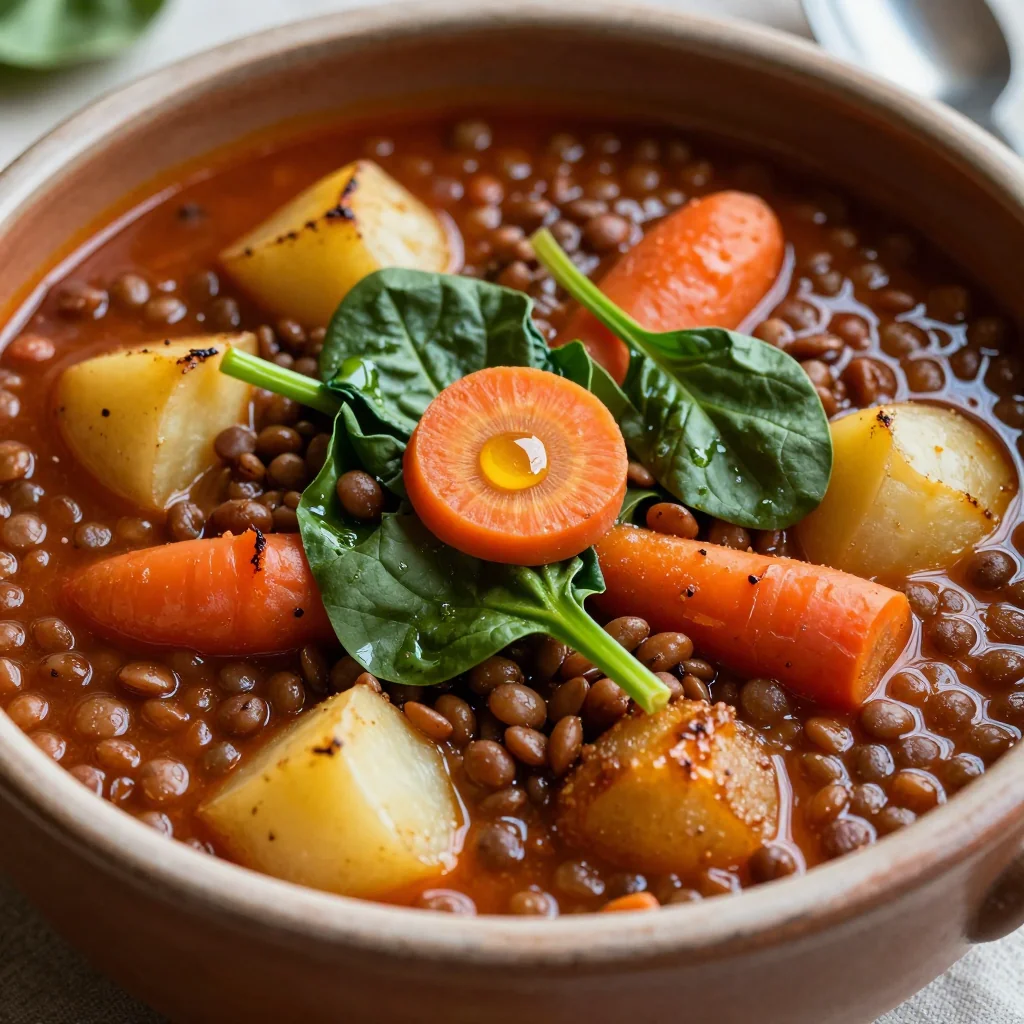 batch cook onepot lentil stew with winter root vegetables and spinach