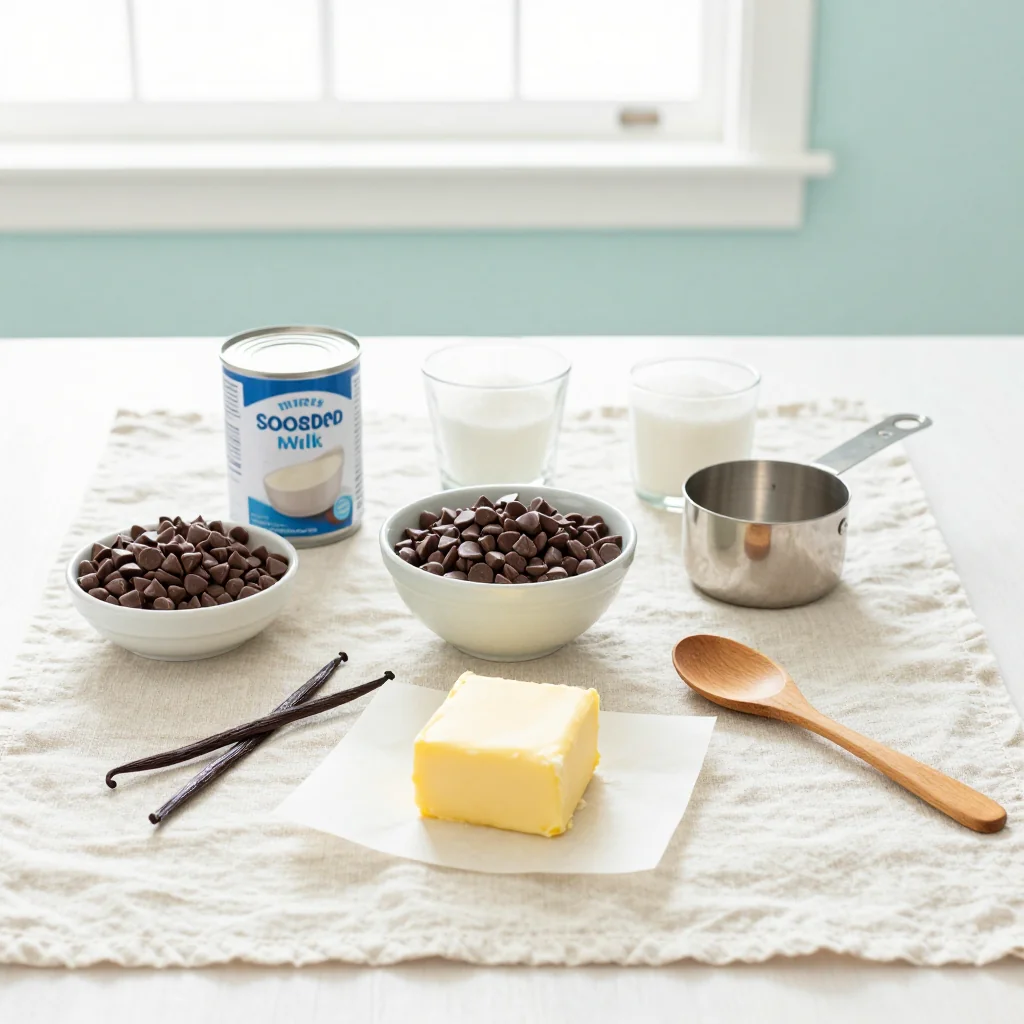 All ingredients for Fudge with Condensed Milk and Chocolate Chips