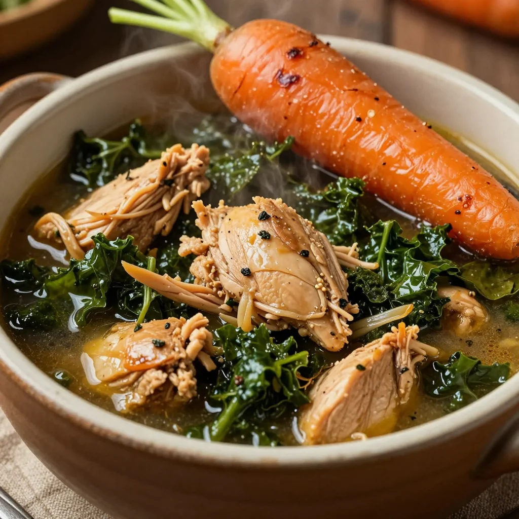 batch cook hearty chicken and kale stew with roasted carrots