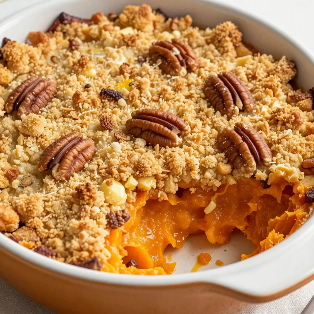 fluffy sweet potato casserole with pecan streusel for cozy holidays