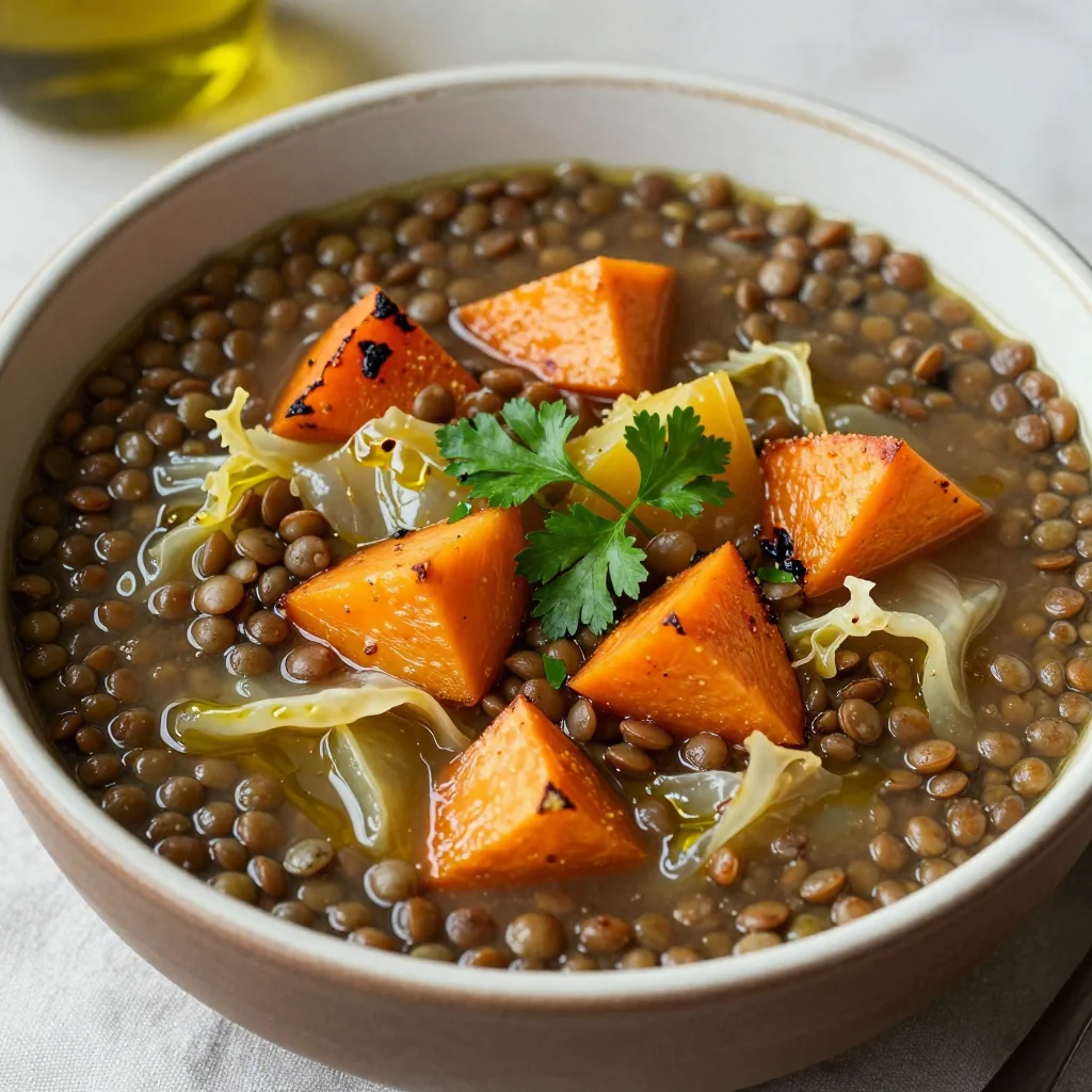 healthy onepot lentil and cabbage soup with roasted root vegetables