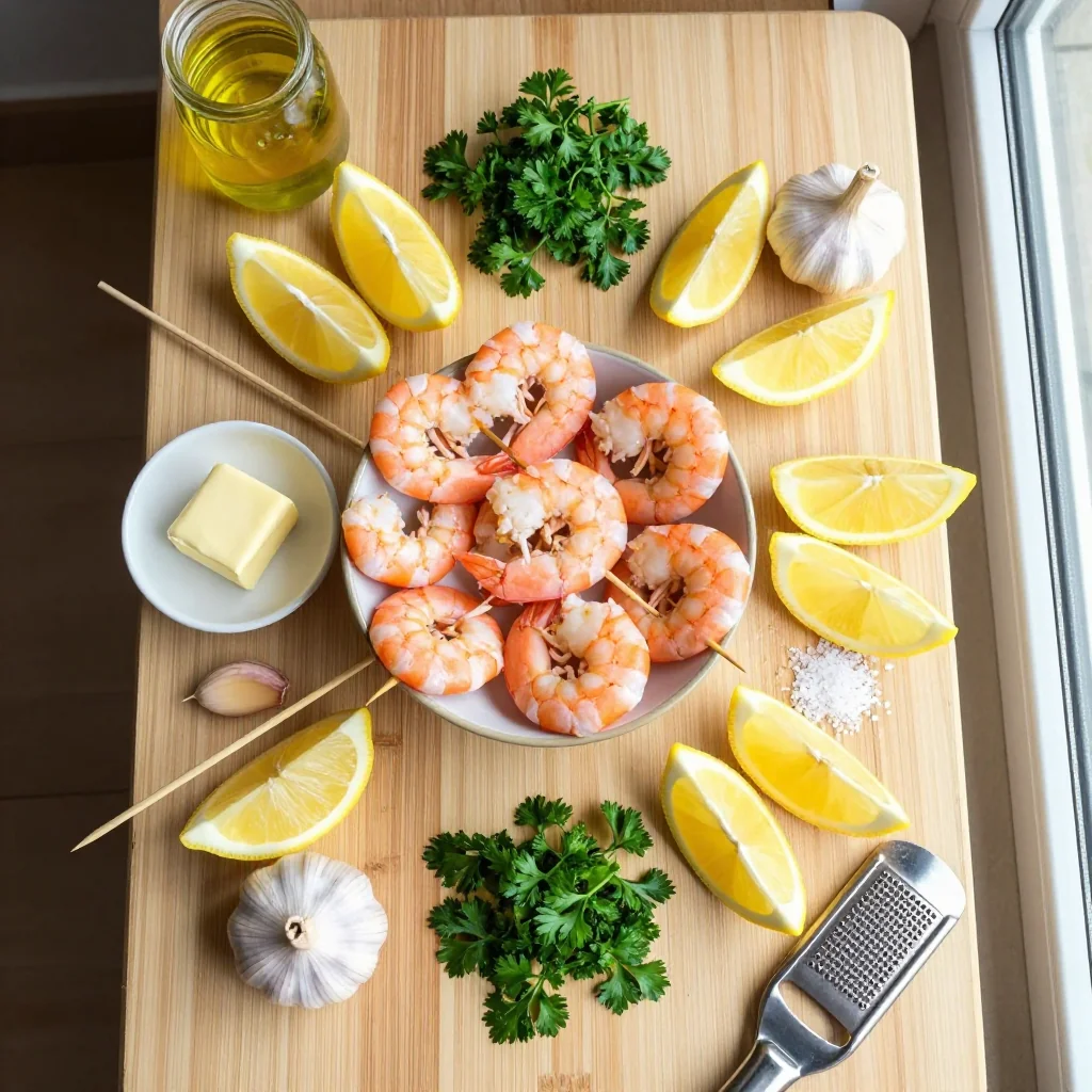 All ingredients laid out for Lemon Garlic Butter Shrimp Skewers