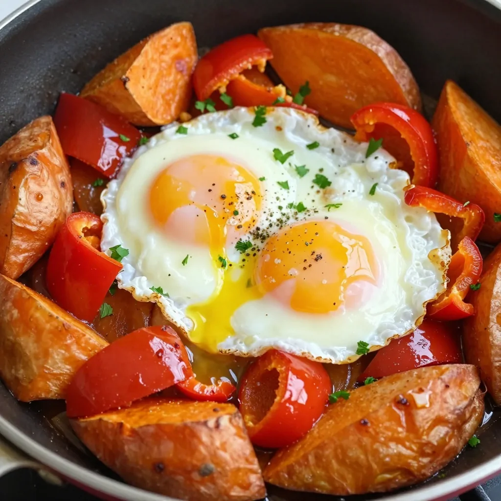 Warm Sweet Potato Breakfast Hash with Eggs on Top