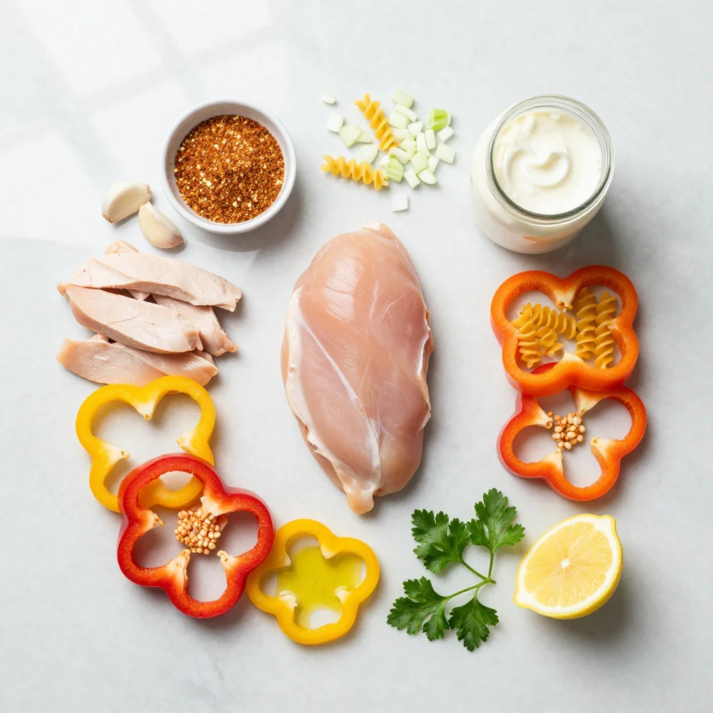 All ingredients for Creamy Cajun Chicken Pasta with Bell Peppers