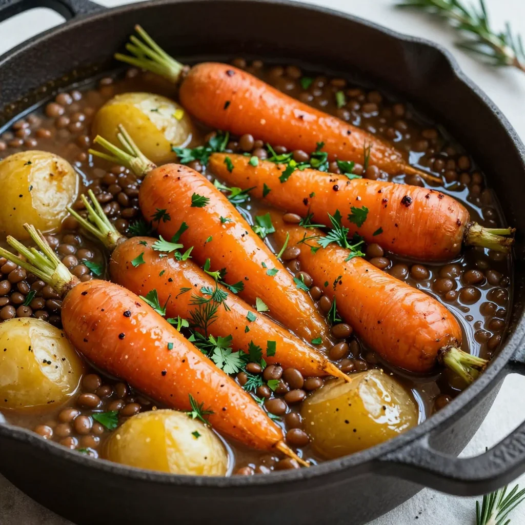 onepot lentil and roasted root vegetable stew with fresh herbs