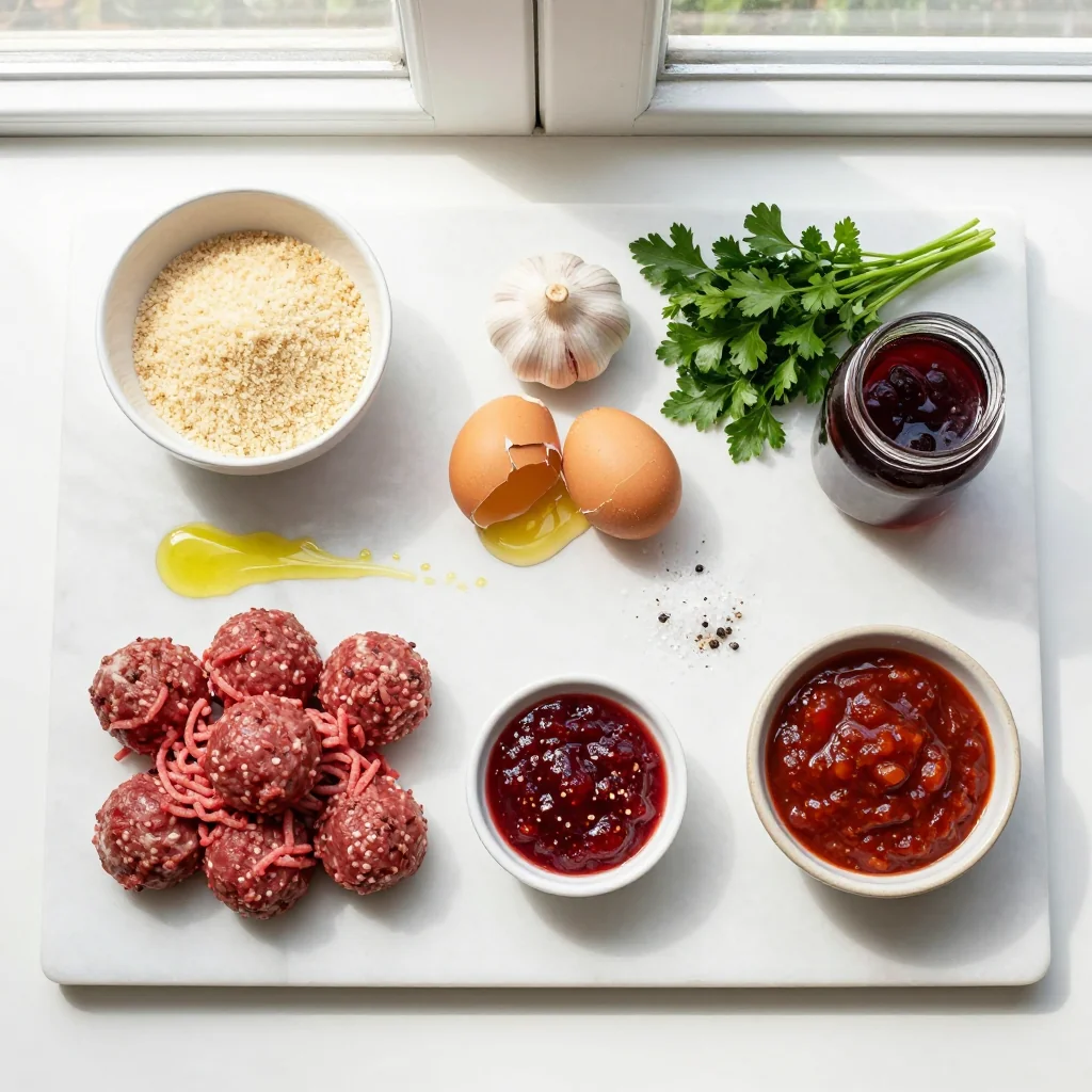 All ingredients for Beef Meatballs with Grape Jelly and Chili Sauce