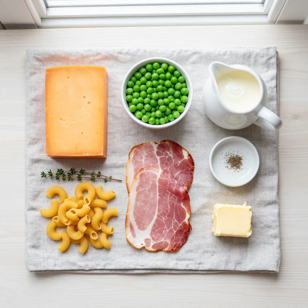 All ingredients laid out for Mac and Cheese with Ham and Peas