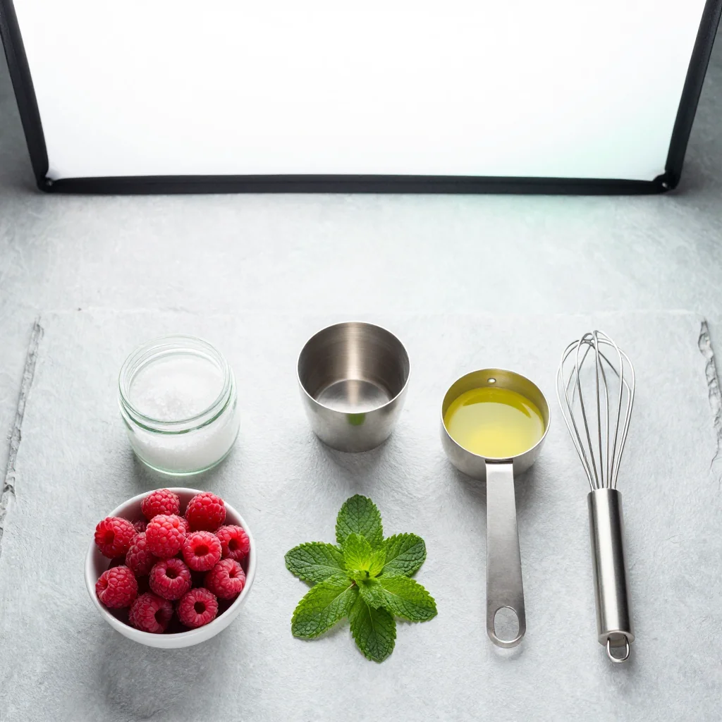 All ingredients for Raspberry Sorbet with Fresh Mint Leaves neatly arranged on a wooden board