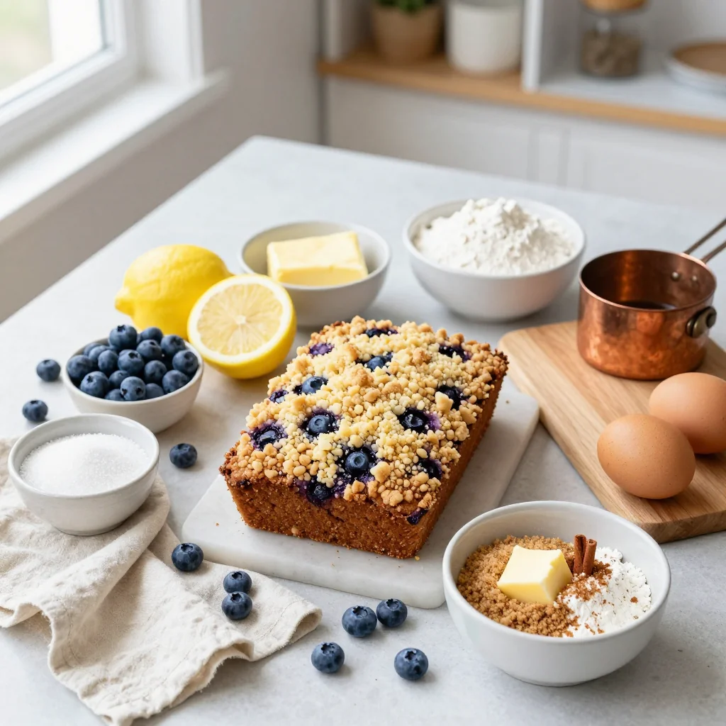 All ingredients for Lemon Blueberry Bread with Streusel neatly arranged on a wooden board
