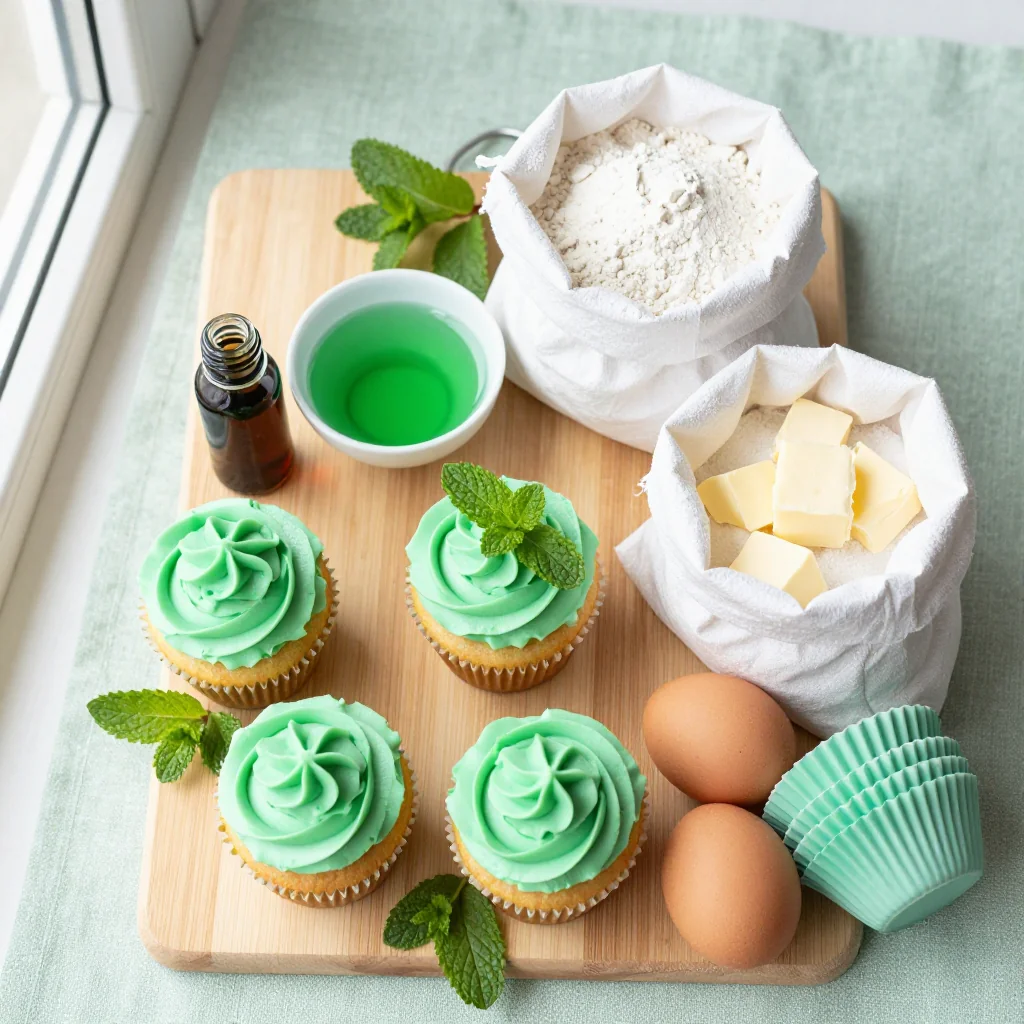 All ingredients for Shamrock Shake Cupcakes with Mint Frosting
