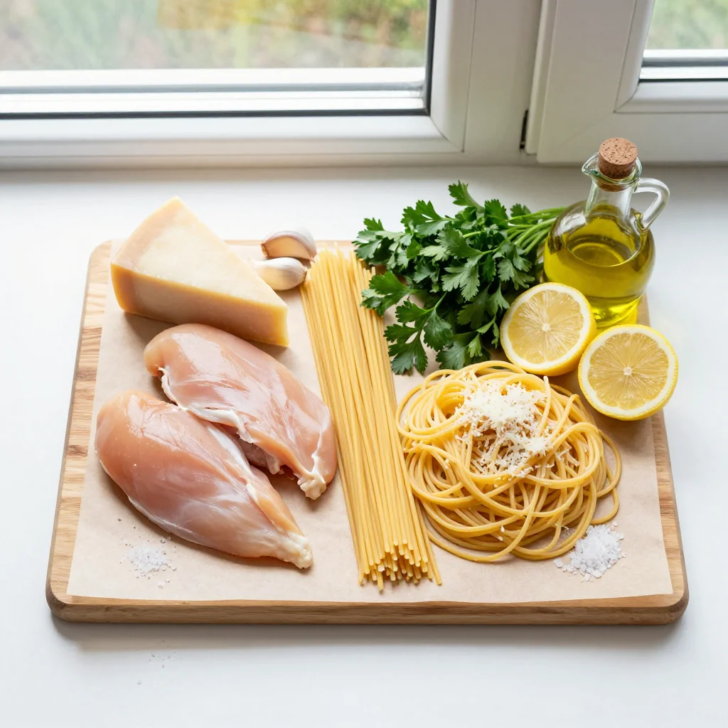 All ingredients for Parmesan Chicken with Pasta neatly arranged