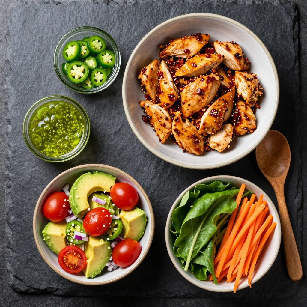 Ingredients for spicy chicken avocado salad with lime wedges and sliced jalapeños on a cutting board