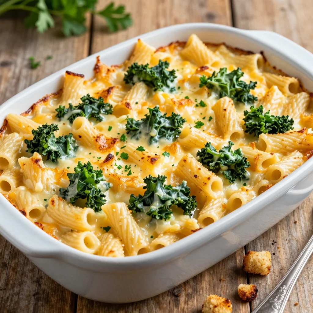 creamy cheddar and kale pasta bake for comforting holiday dinners