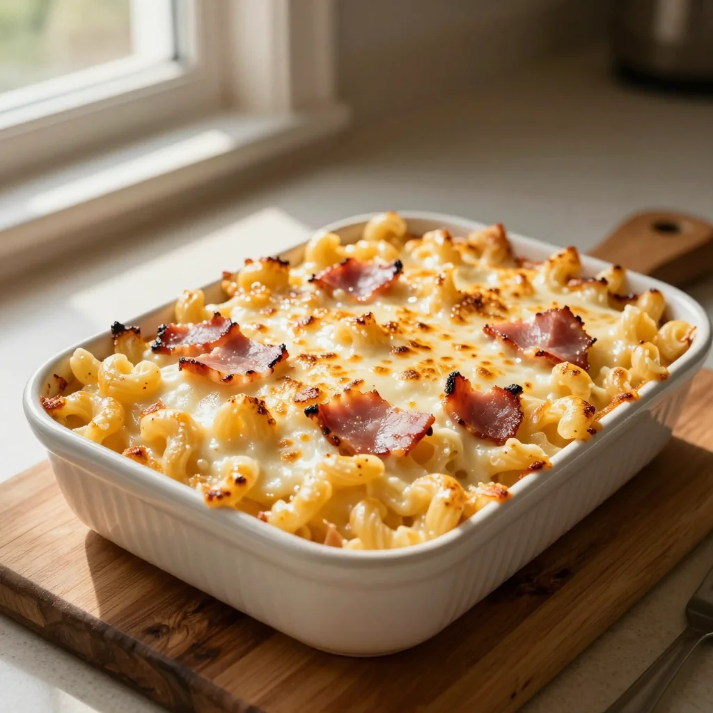 Creamy Macaroni and Cheese Baked with Ham