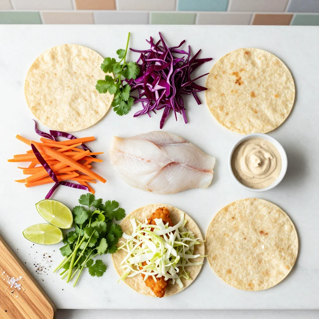 All ingredients for Crispy Fish Tacos with Cabbage Slaw