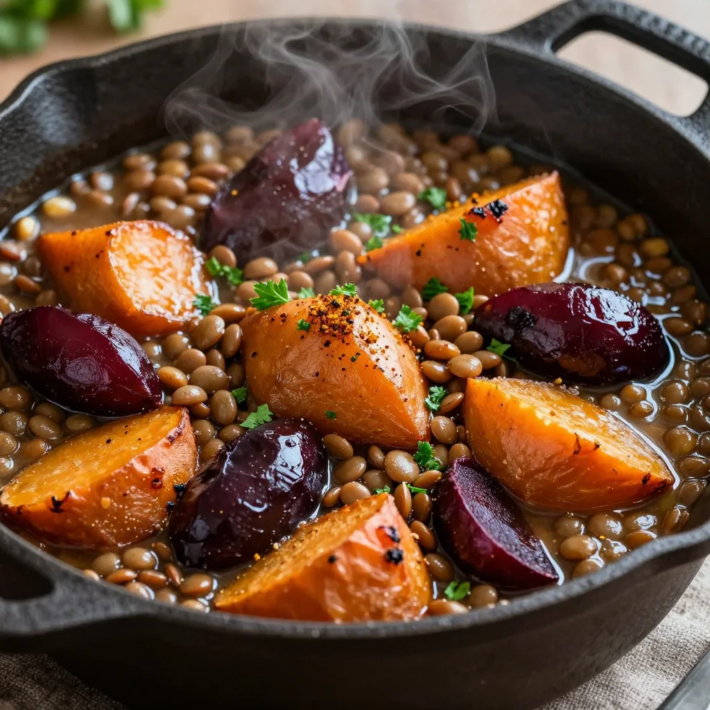 one pot lentil and roasted root vegetable stew for filling dinners