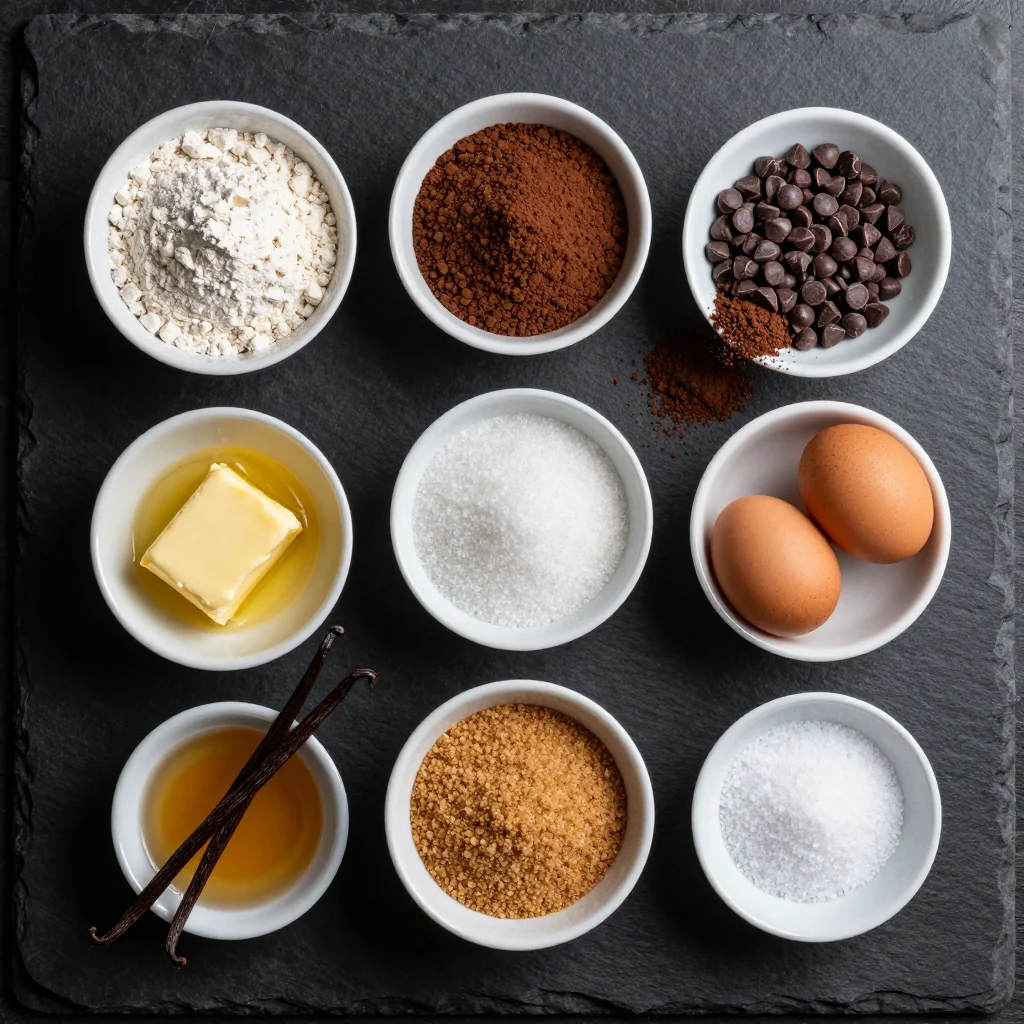 Ingredients for fudgy pantry brownies including cocoa powder, flour, sugar, eggs, oil, and vanilla