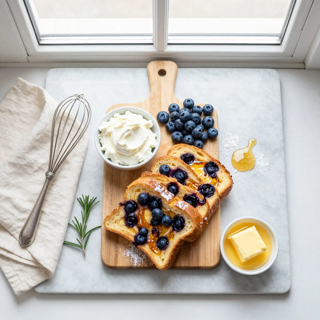 All ingredients for Overnight Blueberry French Toast Casserole with Cream Cheese