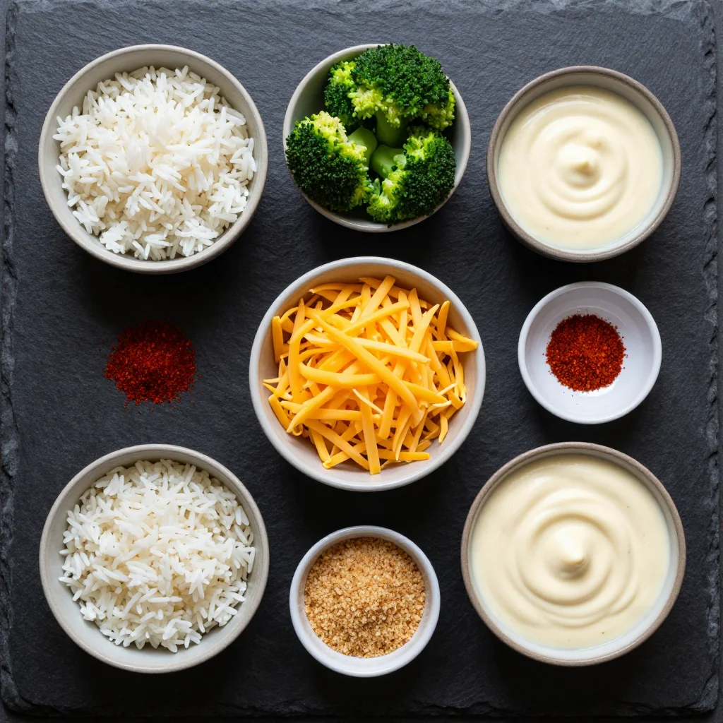 Ingredients for cheesy broccoli rice casserole