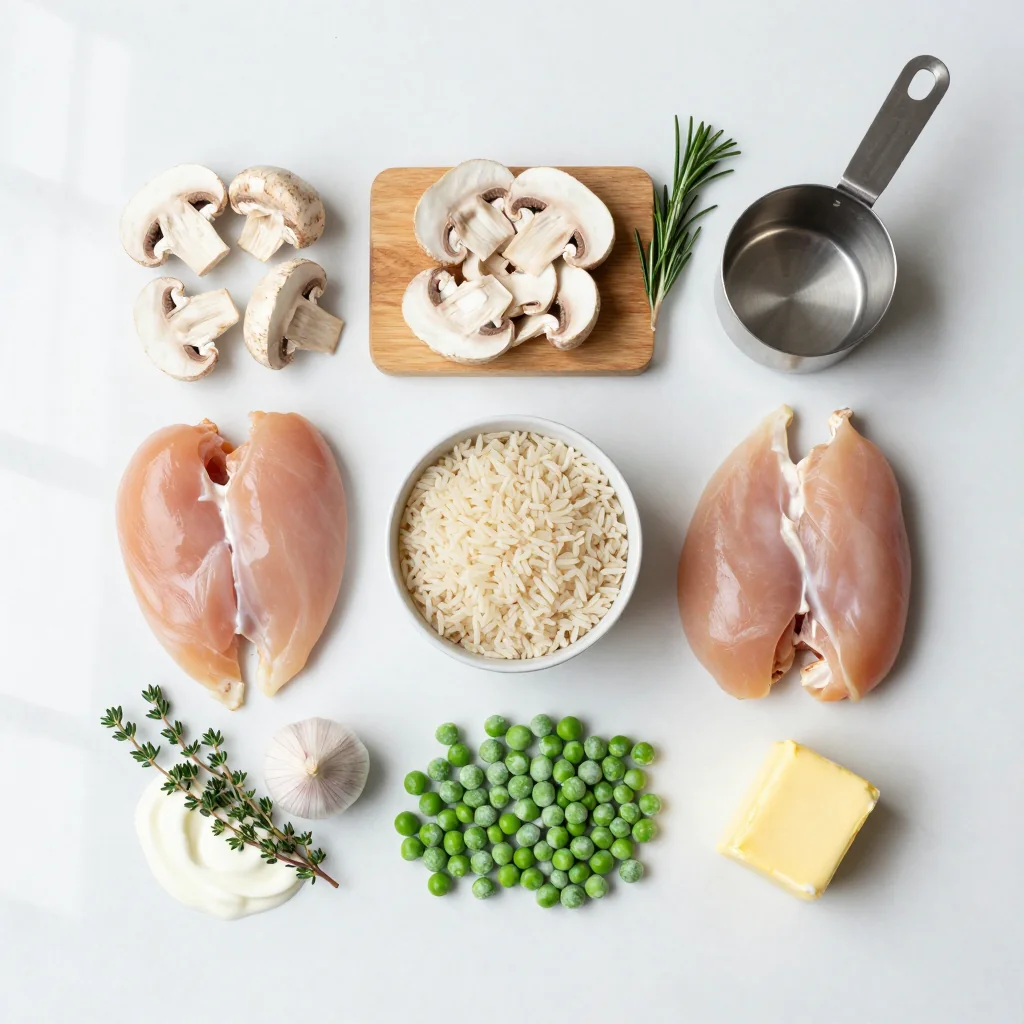 All ingredients for Creamy Mushroom Chicken with Rice and Peas
