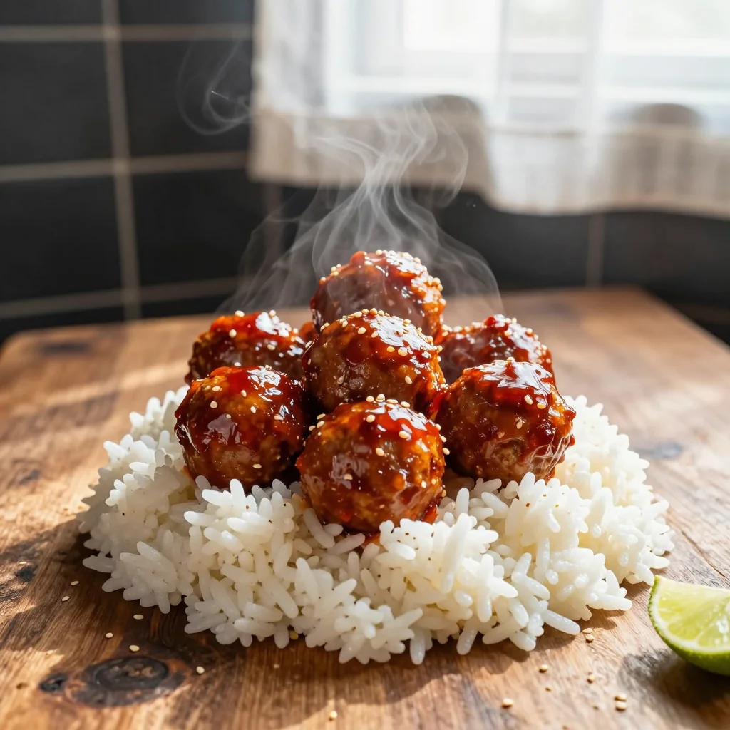Honey Sriracha Meatballs over White Rice