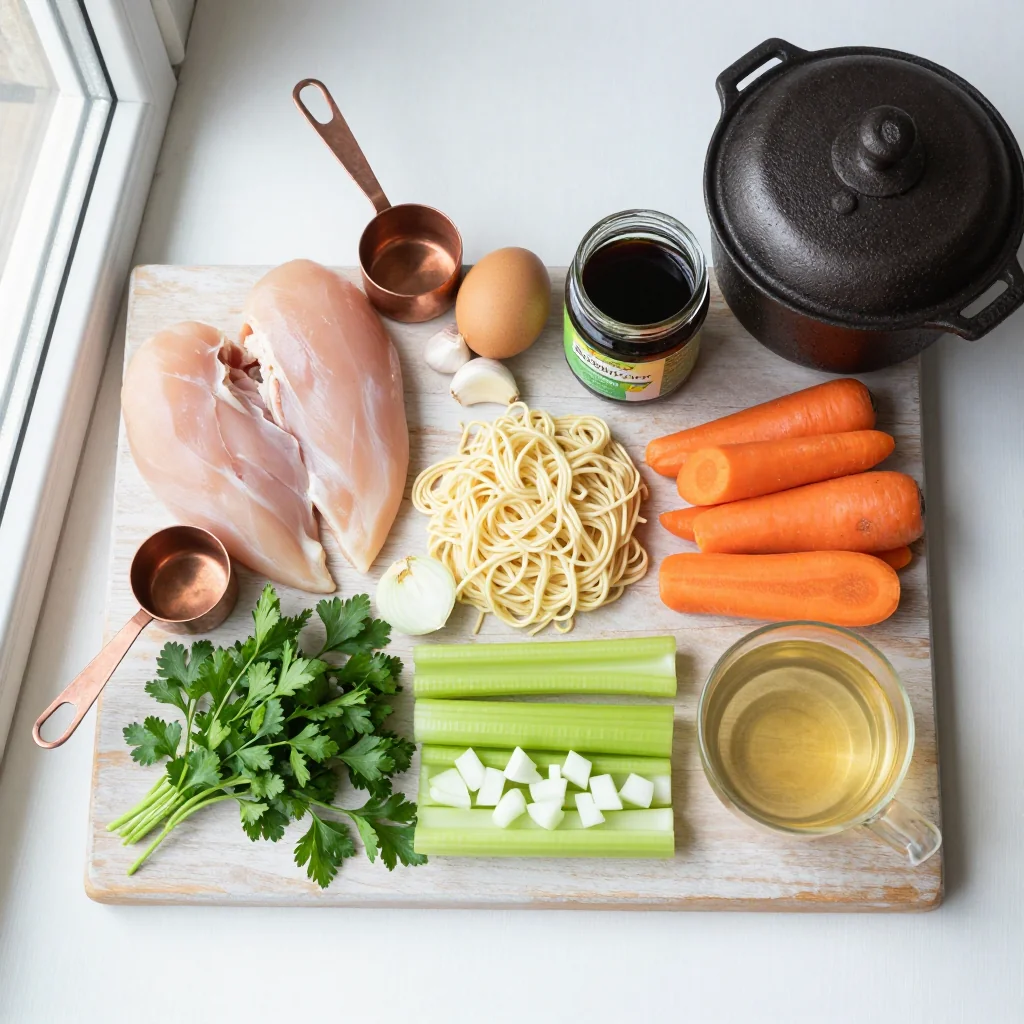 All ingredients laid out for Chicken Noodle Soup Instant Pot