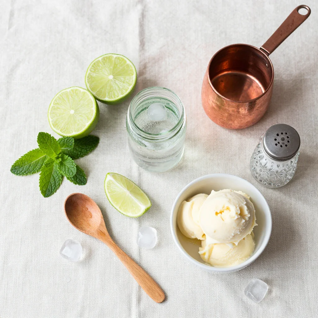 All ingredients for Lime Sherbet Punch with Sprite neatly arranged on a kitchen counter