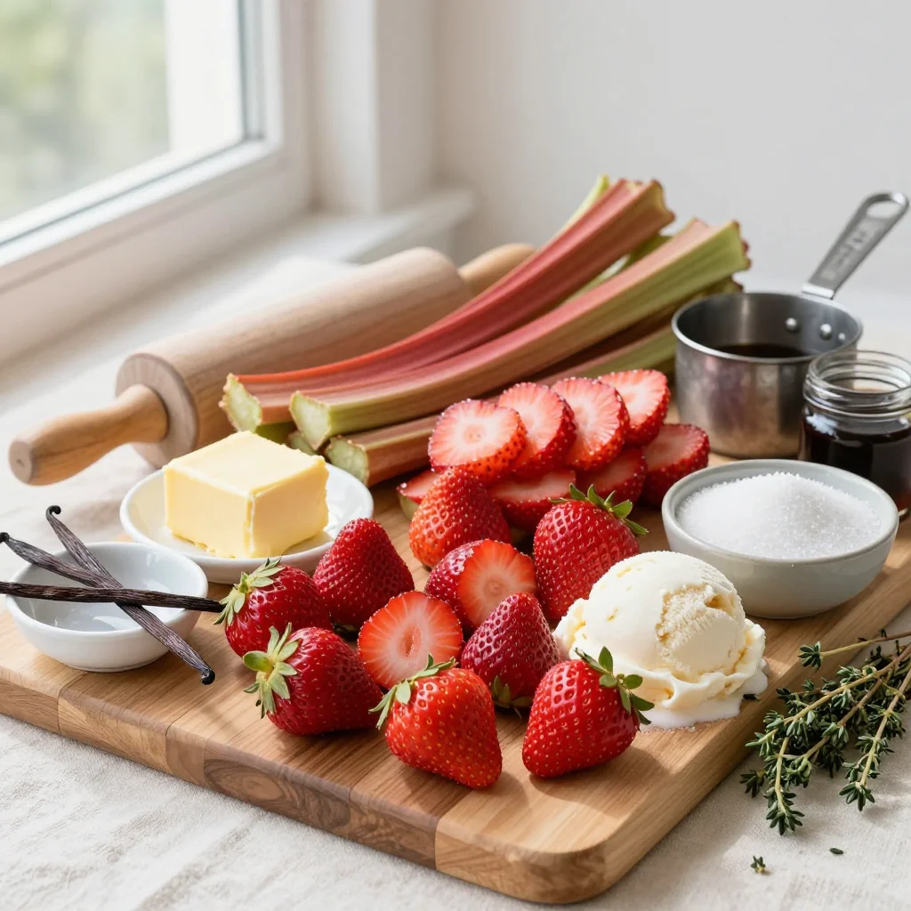 All ingredients for Strawberry Rhubarb Pie with Vanilla Ice Cream