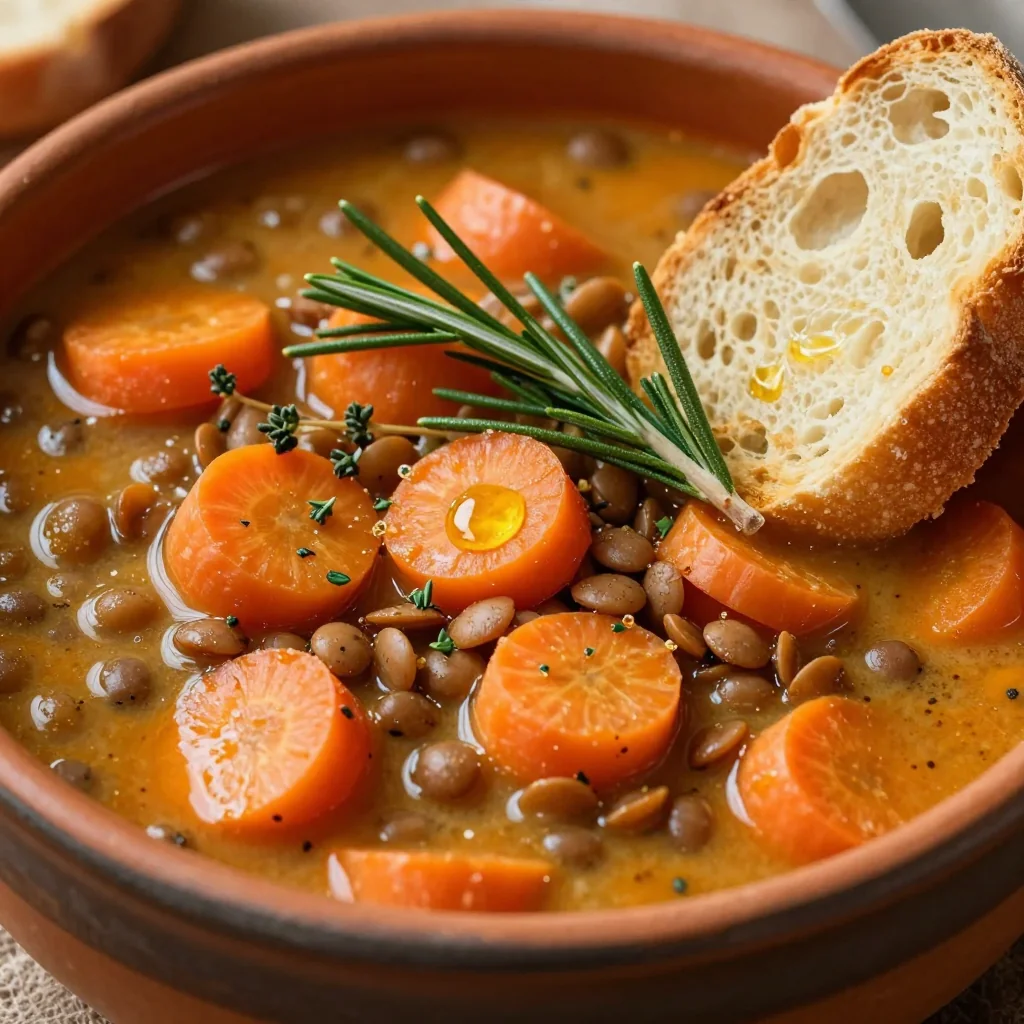 batch cooked carrot and lentil stew with fresh rosemary and thyme