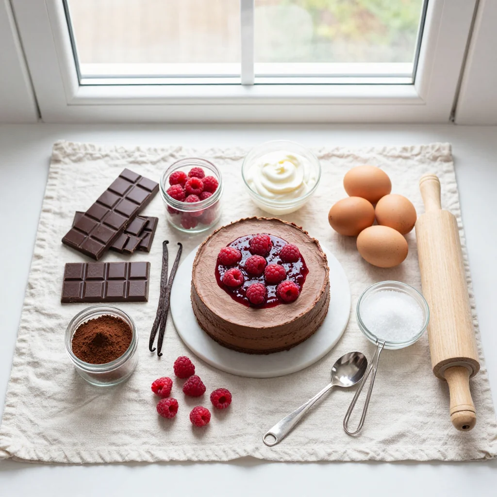 All ingredients for Chocolate Mousse Cake with Raspberry Sauce
