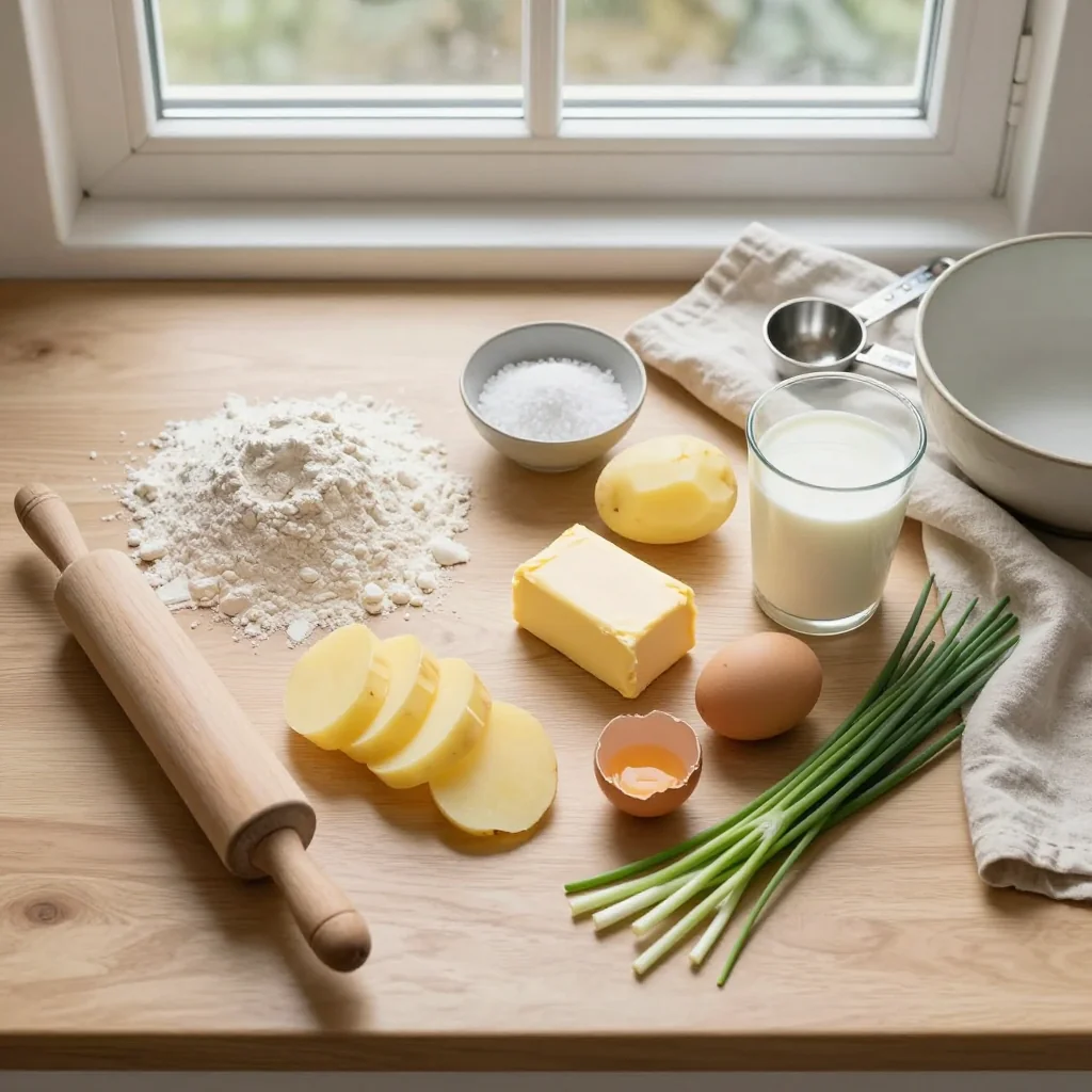 All ingredients for Irish Potato Bread Farls with Butter neatly arranged on a wooden board