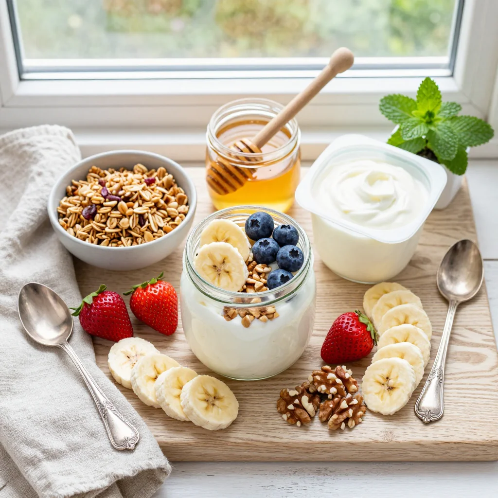 All ingredients for Greek Yogurt Parfait with Honey and Granola