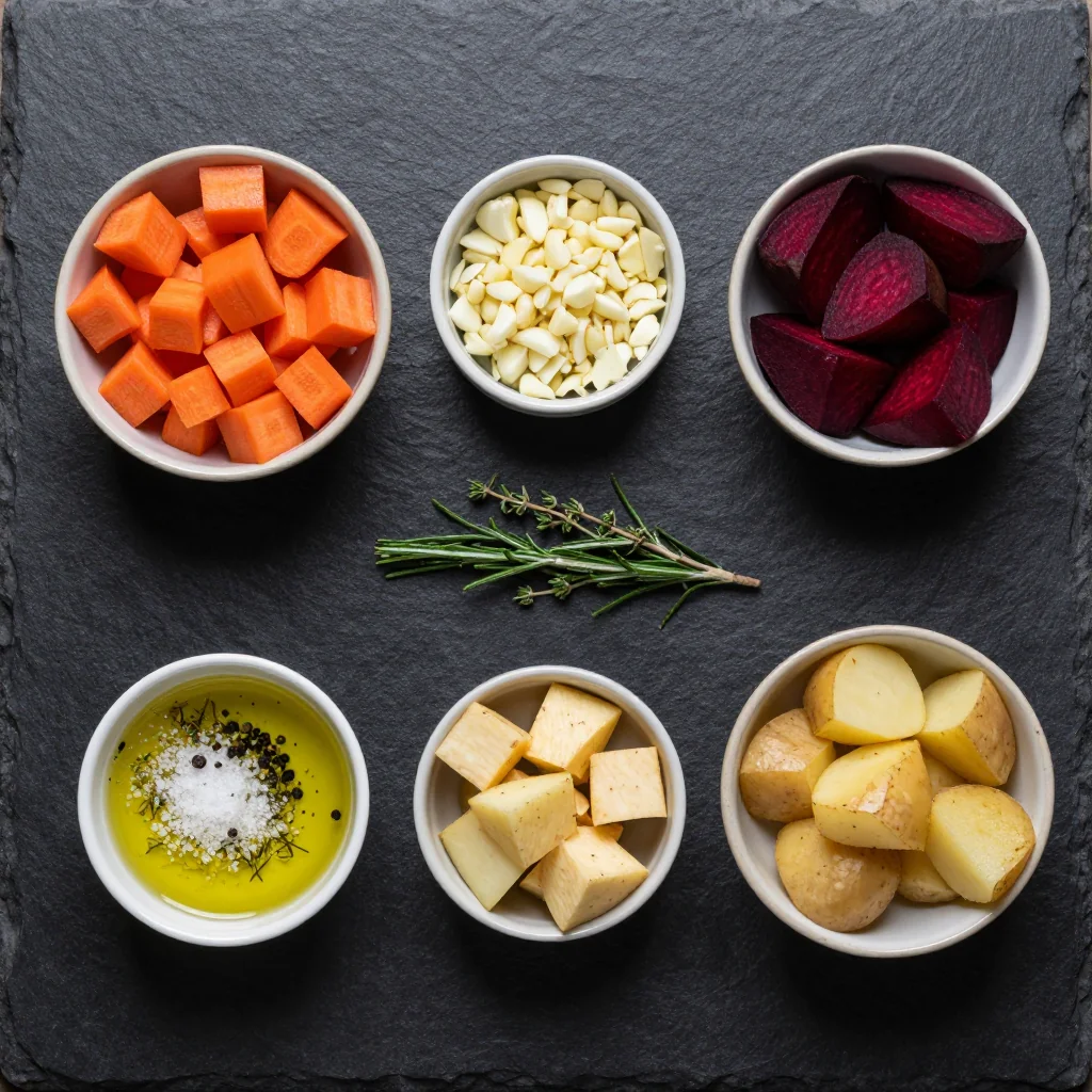 A rustic cutting board piled high with colorful carrots, parsnips, red onions, and whole garlic bulbs, scattered with thyme and rosemary sprigs