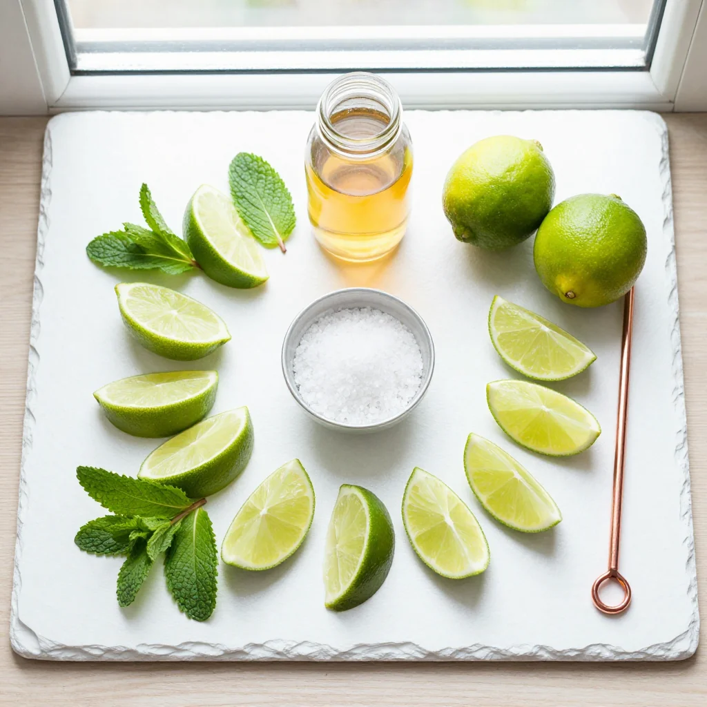 All ingredients laid out for Margarita Mocktail Lime
