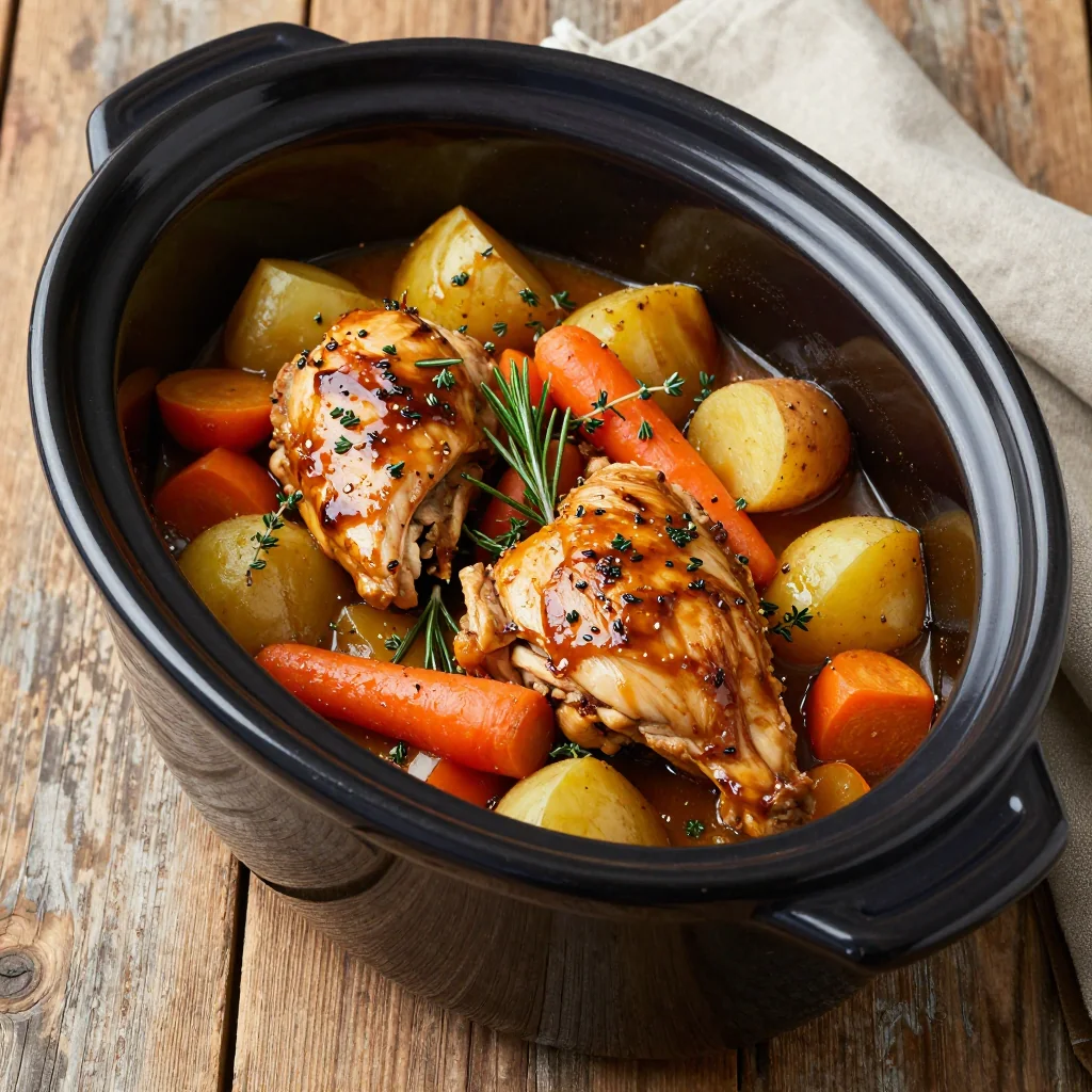 slow cooker chicken and root vegetable stew with rosemary and thyme