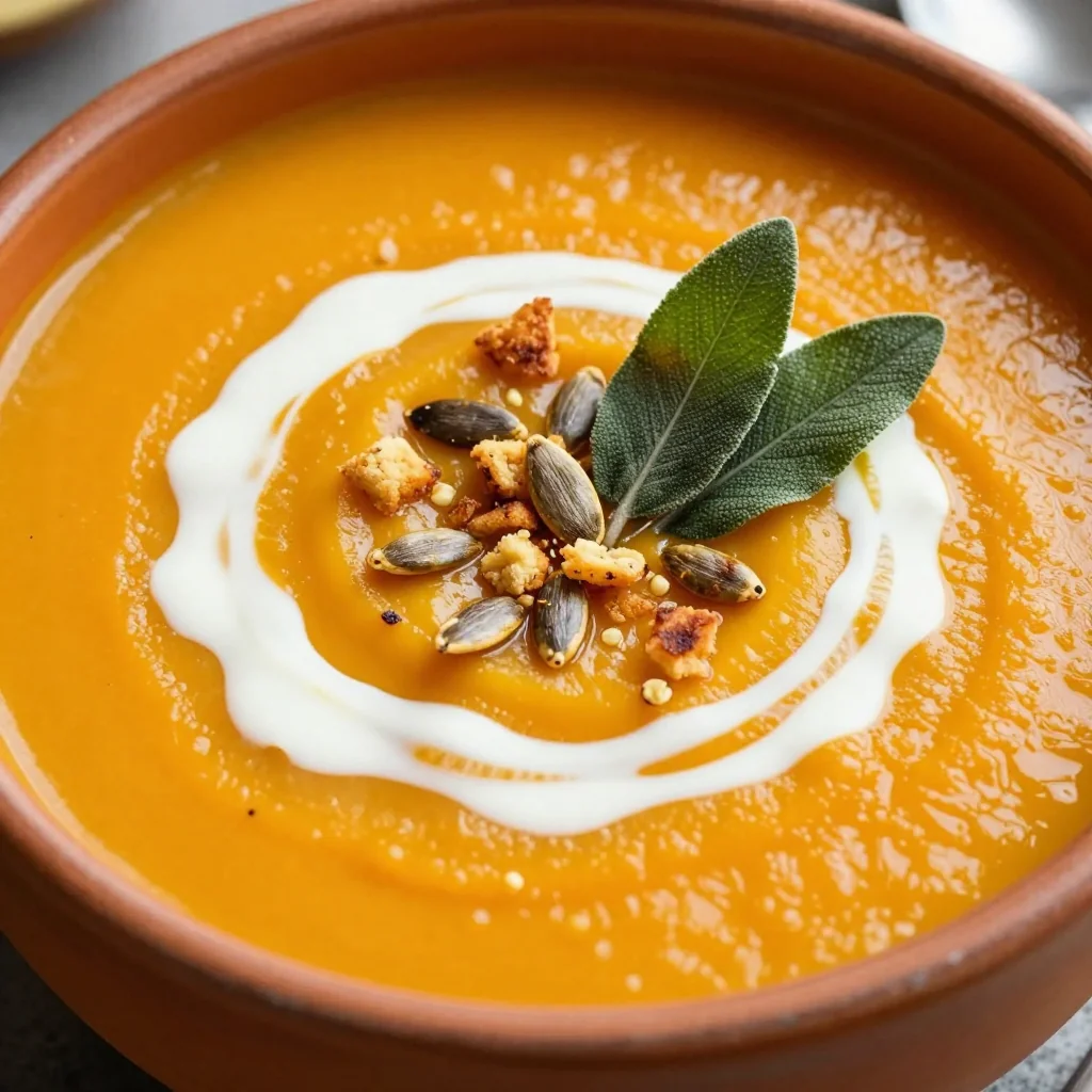 spiced pumpkin soup with toasted pepitas and sage for winter comfort