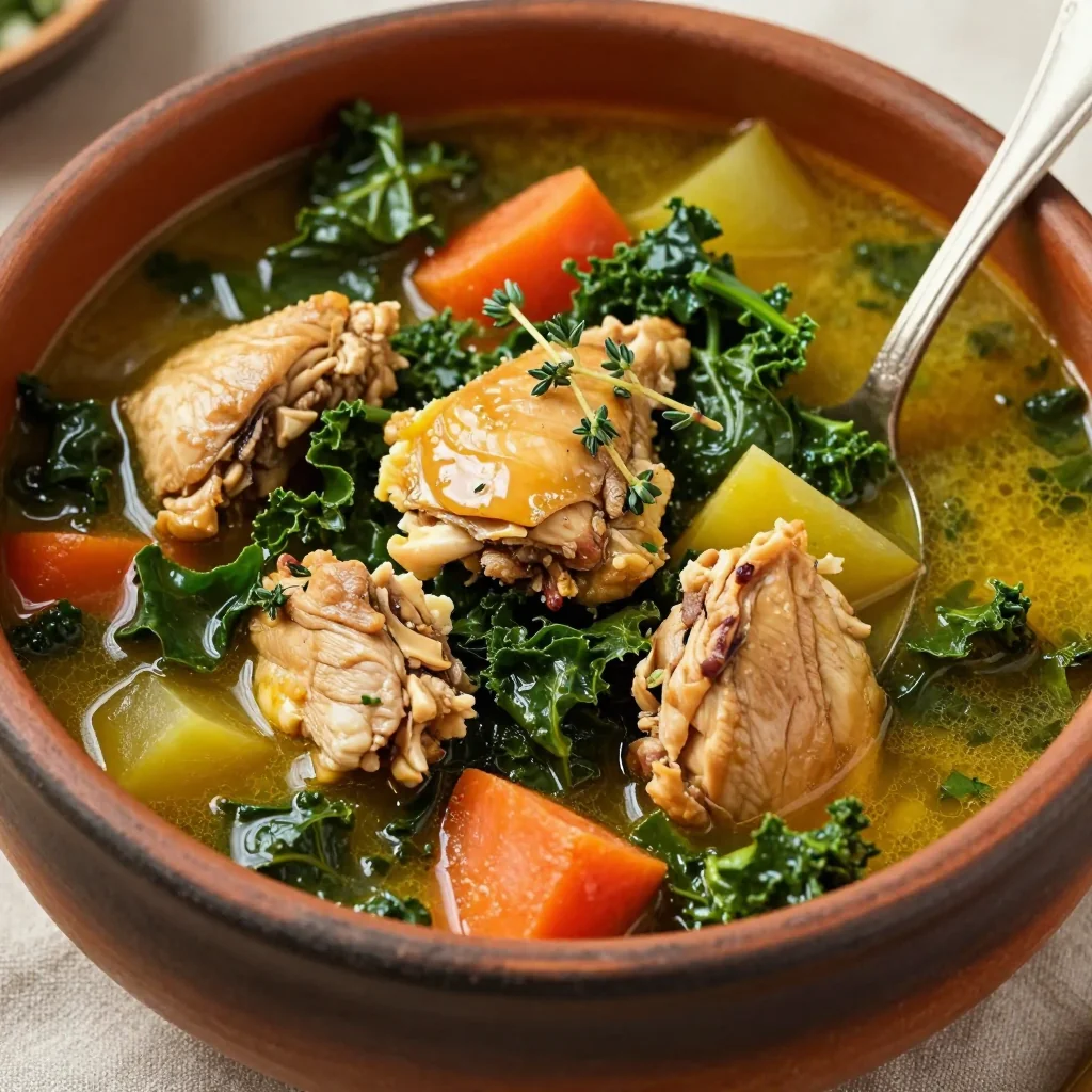 healthy batch cooked chicken and kale stew with root vegetables