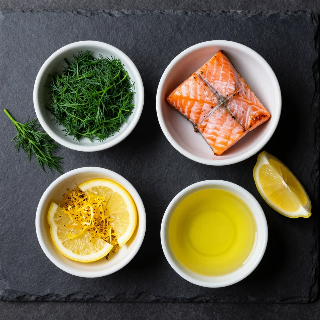 Fresh salmon fillets, vibrant lemons, aromatic dill, garlic, and olive oil arranged on a wooden board