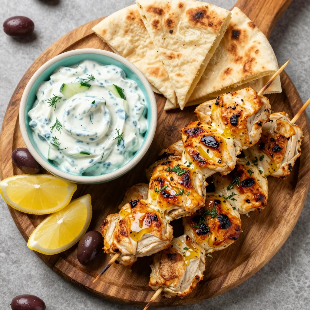 Meal Prep Greek Chicken Skewers with Tzatziki and Pita