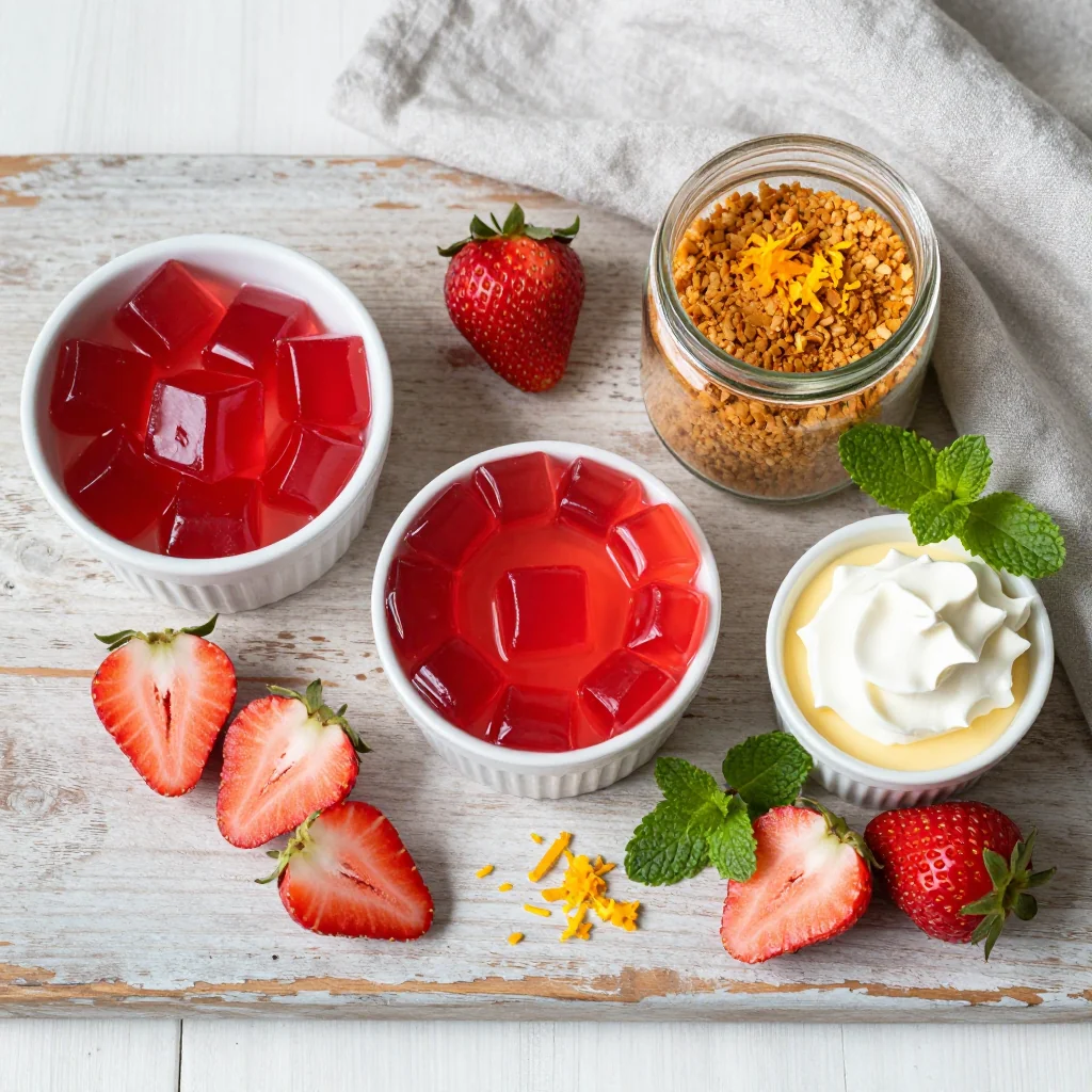 All ingredients for Strawberry Pretzel Salad with Jello Layer