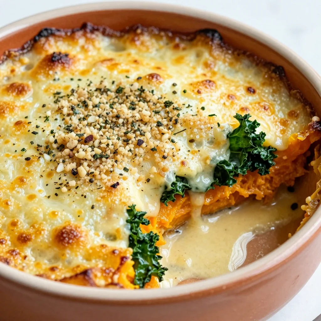 creamy sweet potato and kale gratin with garlic herb topping