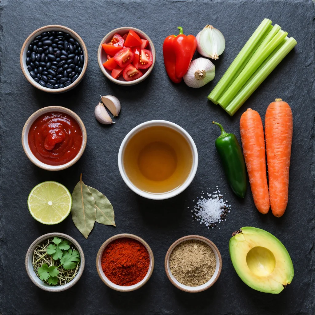 Colorful array of fresh vegetables, three varieties of beans, and aromatic spices arranged on a wooden board for healthy vegan chili