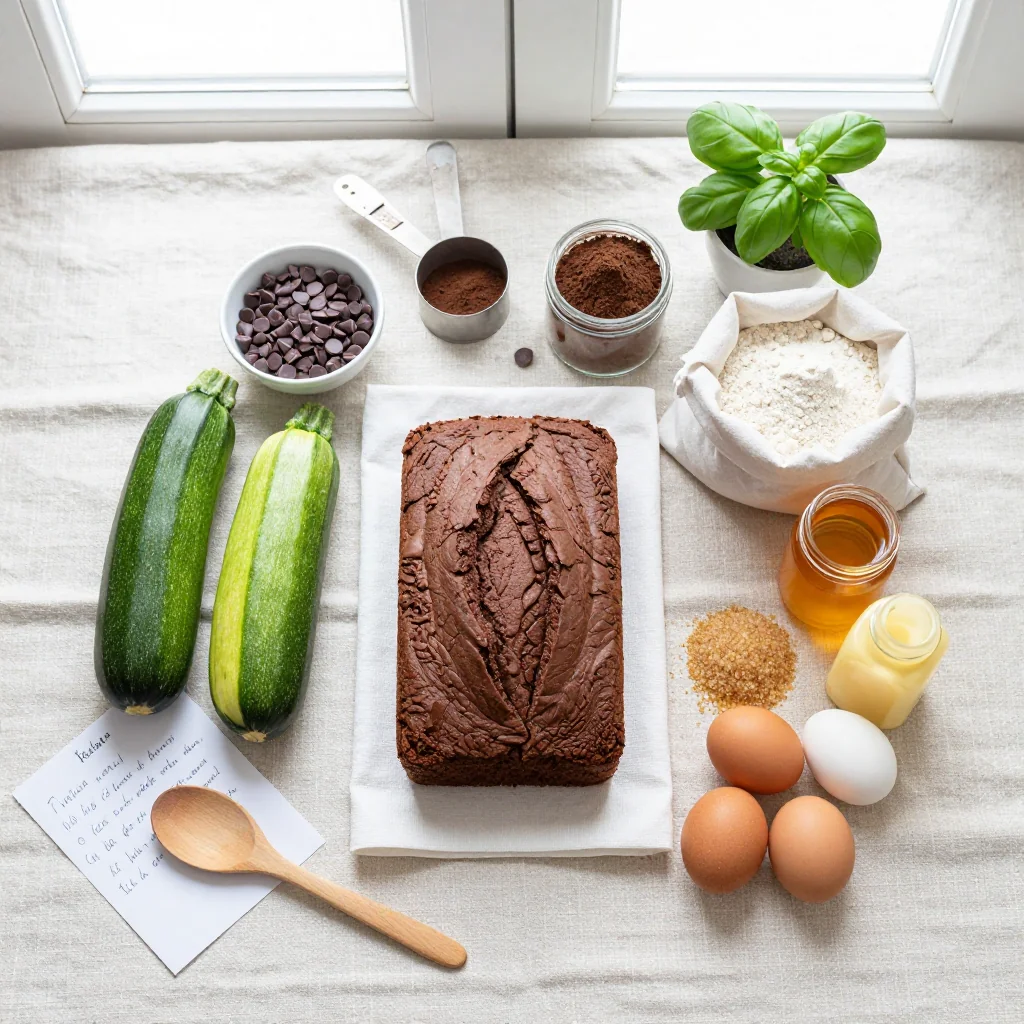 All ingredients for Chocolate Zucchini Bread with Chocolate Chips