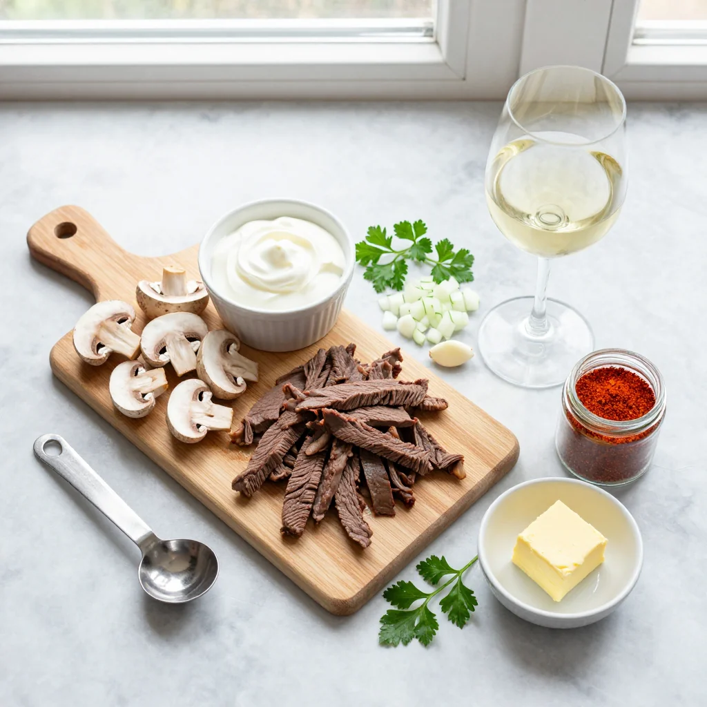 All ingredients for Beef Stroganoff with Mushrooms