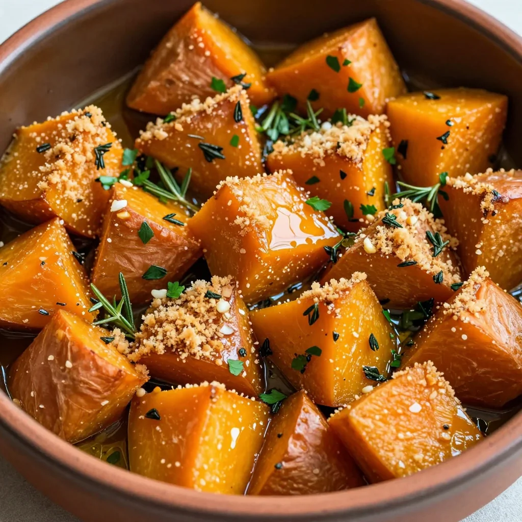 warm sweet potato and winter squash bake with garlic herb topping