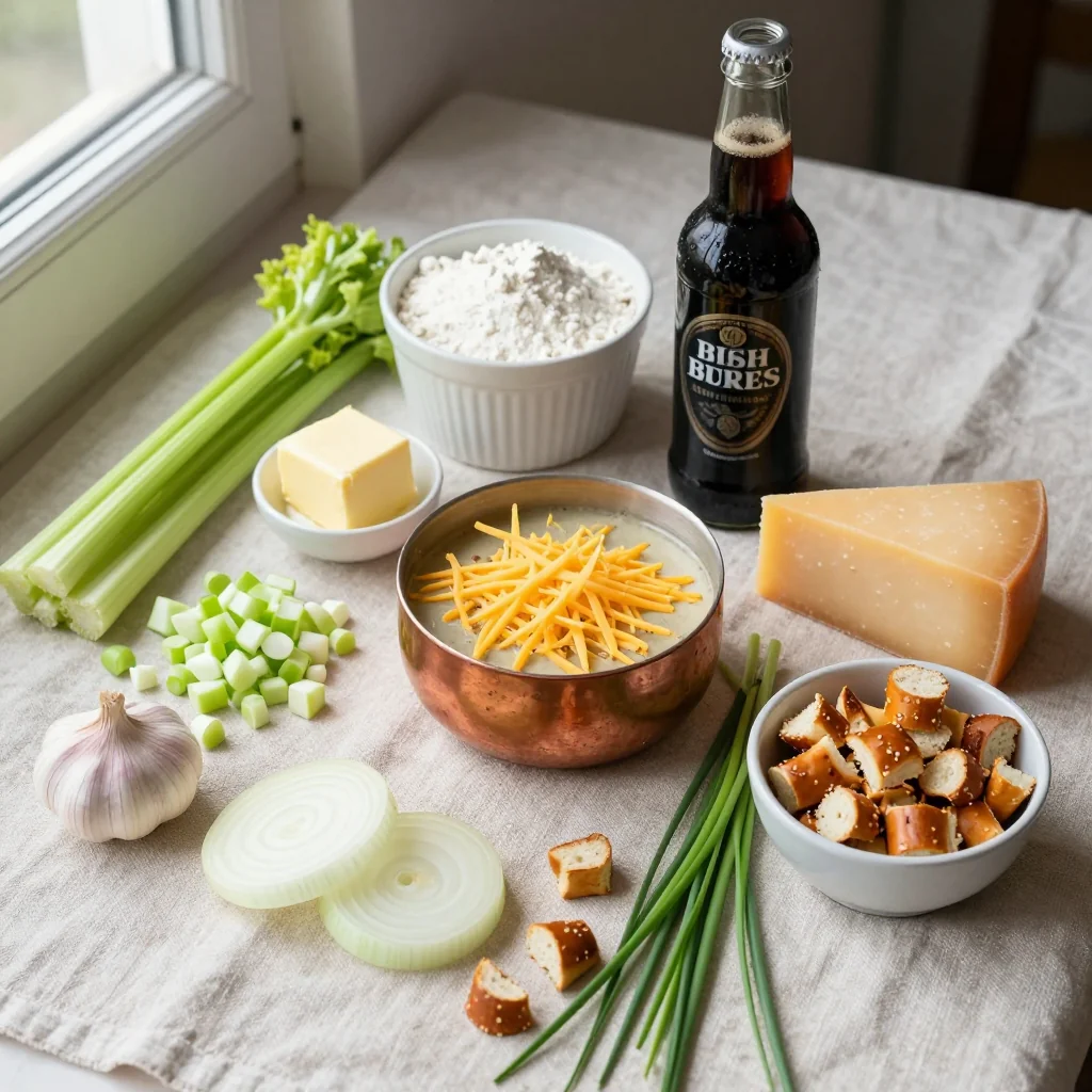 All ingredients for Irish Beer Cheese Soup with Soft Pretzel Croutons