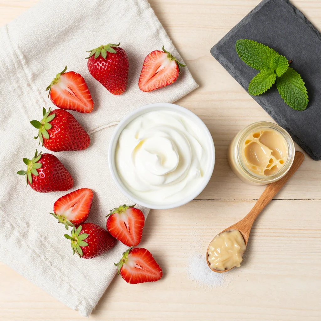 All ingredients for Strawberry Ice Cream Homemade with Cream