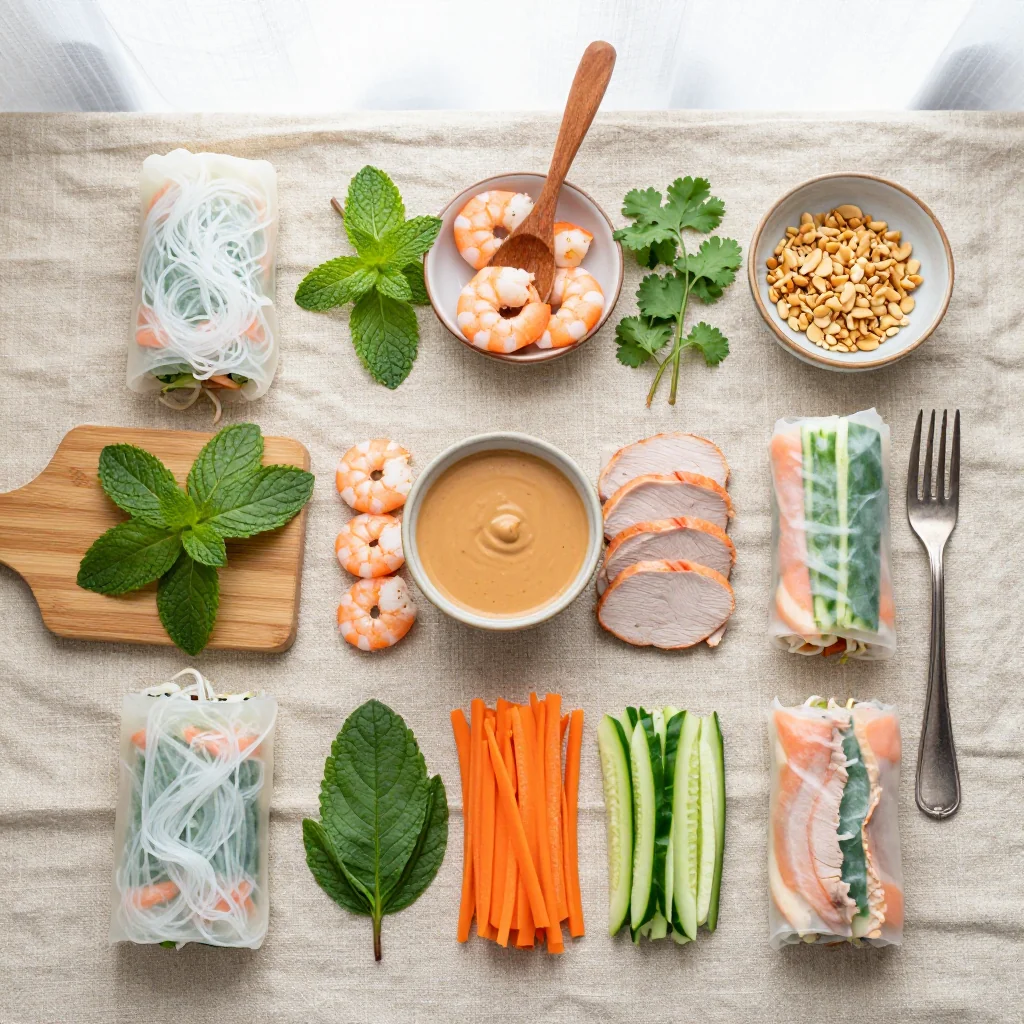 All ingredients for Vietnamese Spring Rolls with Peanut Sauce